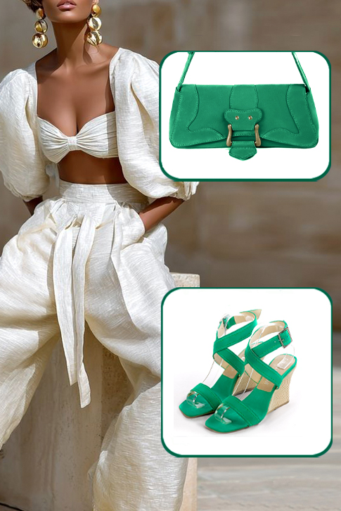 Women's emerald green elegant fully open cross straps sandals. Square toe. High wedge heels - Worn view